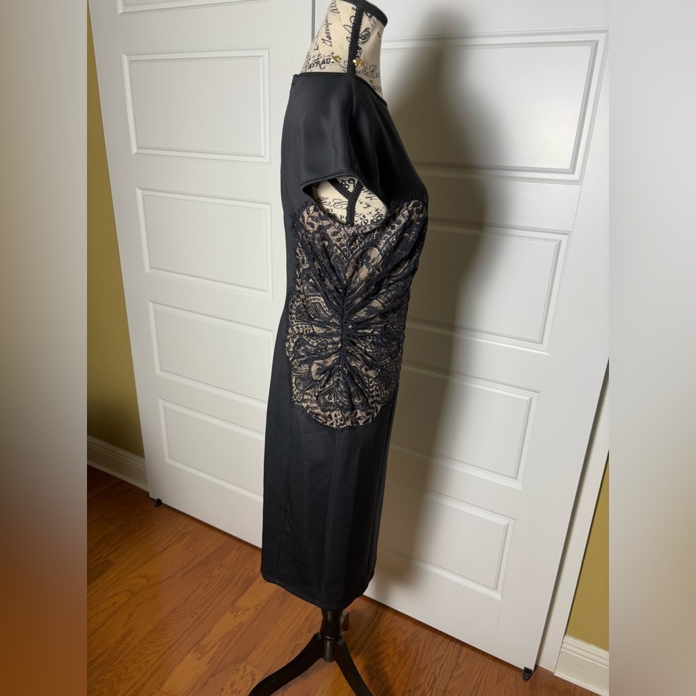 Tadashi Shoji Evening Dress Black Bodycon Lace Sides Scuba Midi Pencil Dress 8 - Picture 4 of 9